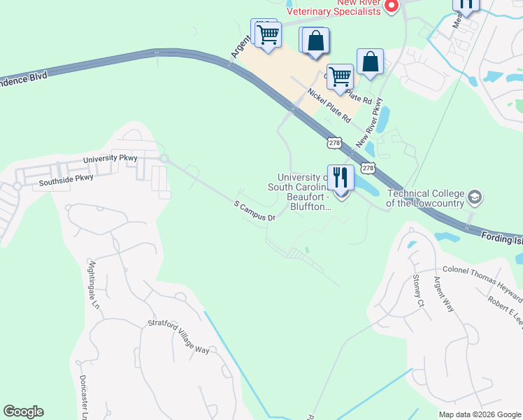 map of restaurants, bars, coffee shops, grocery stores, and more near 147 Auditorium Road in Bluffton