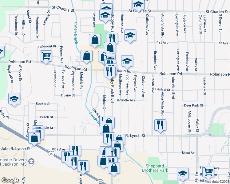 map of restaurants, bars, coffee shops, grocery stores, and more near 1071 Ellis Avenue in Jackson