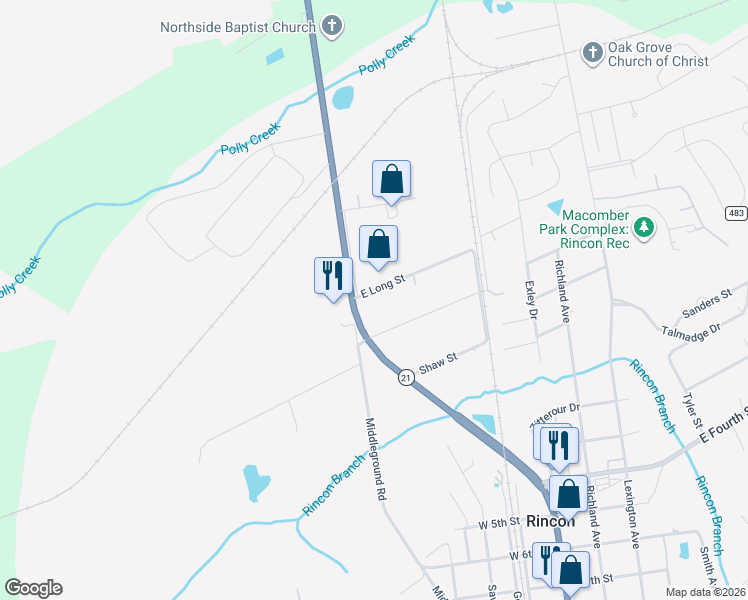 map of restaurants, bars, coffee shops, grocery stores, and more near 1114 Georgia 21 in Rincon