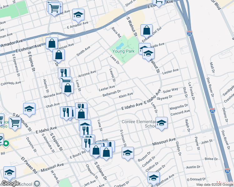 map of restaurants, bars, coffee shops, grocery stores, and more near 1905 Klein Avenue in Las Cruces