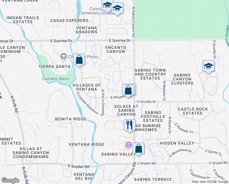 map of restaurants, bars, coffee shops, grocery stores, and more near 5258 North Adobe Circle in Tucson