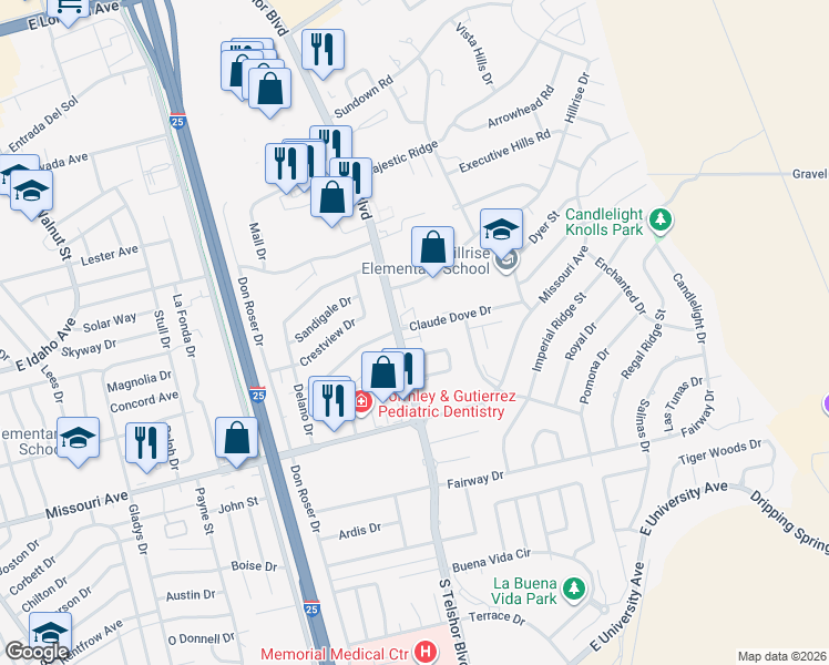 map of restaurants, bars, coffee shops, grocery stores, and more near 1605 South Telshor Boulevard in Las Cruces