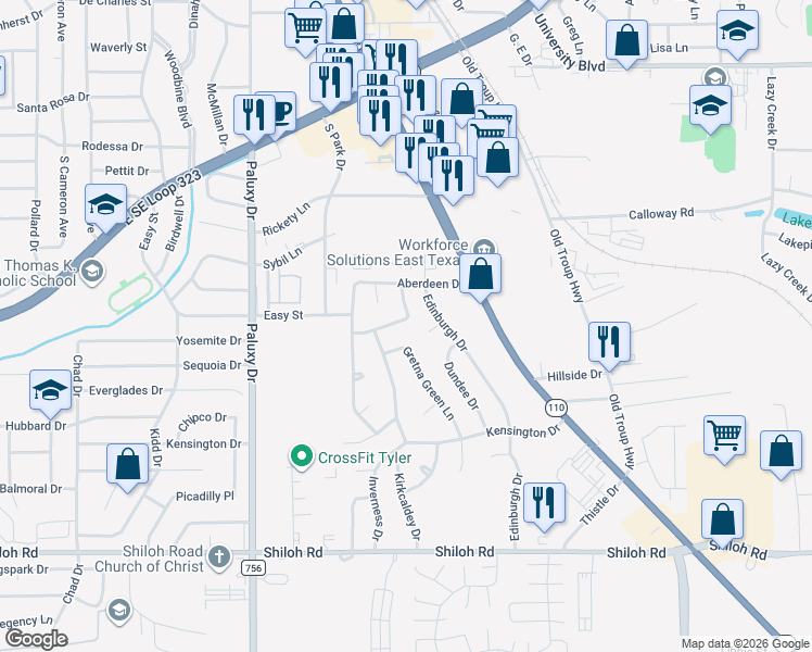 map of restaurants, bars, coffee shops, grocery stores, and more near 2225 Heather Lane in Tyler