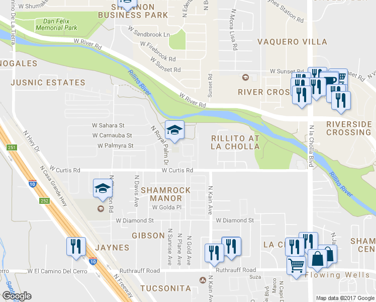 map of restaurants, bars, coffee shops, grocery stores, and more near 2540 West Curtis Road in Tucson