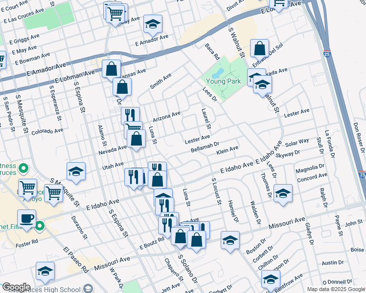 map of restaurants, bars, coffee shops, grocery stores, and more near 1821 California Avenue in Las Cruces