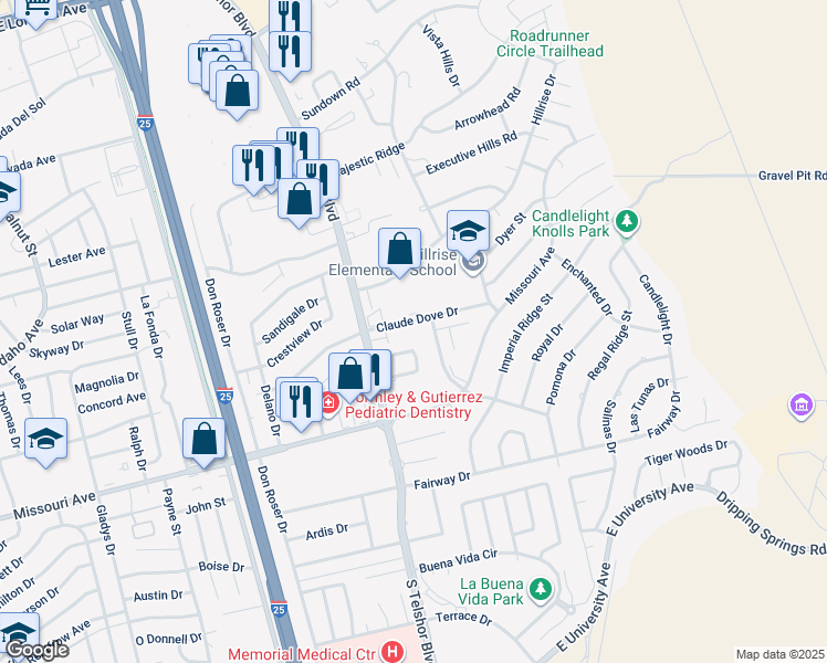 map of restaurants, bars, coffee shops, grocery stores, and more near 2923 Los Amigos Court in Las Cruces