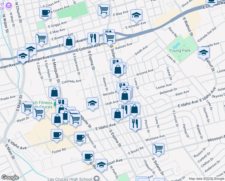 map of restaurants, bars, coffee shops, grocery stores, and more near 1050-1098 Nevada Ave in Las Cruces