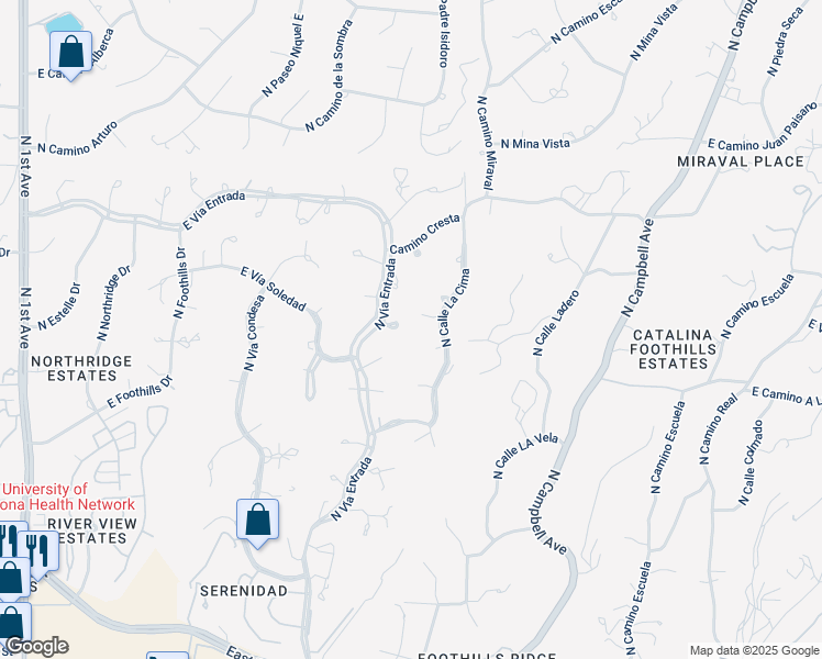 map of restaurants, bars, coffee shops, grocery stores, and more near 5231 North Calle La Cima in Tucson