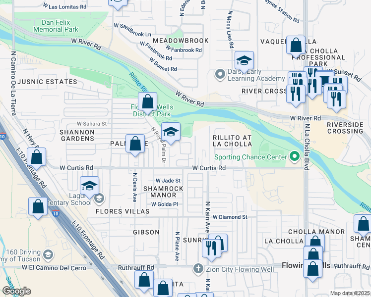 map of restaurants, bars, coffee shops, grocery stores, and more near 2540 West Curtis Road in Tucson