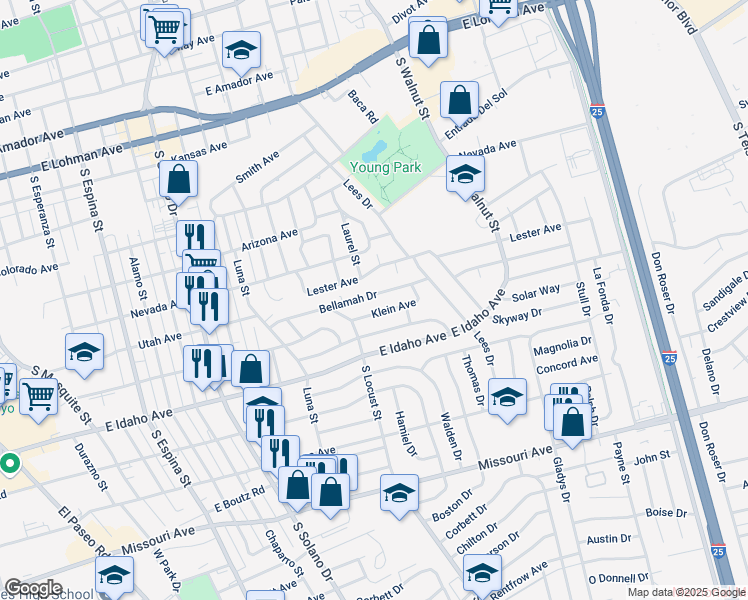 map of restaurants, bars, coffee shops, grocery stores, and more near 1932 Klein Ave in Las Cruces