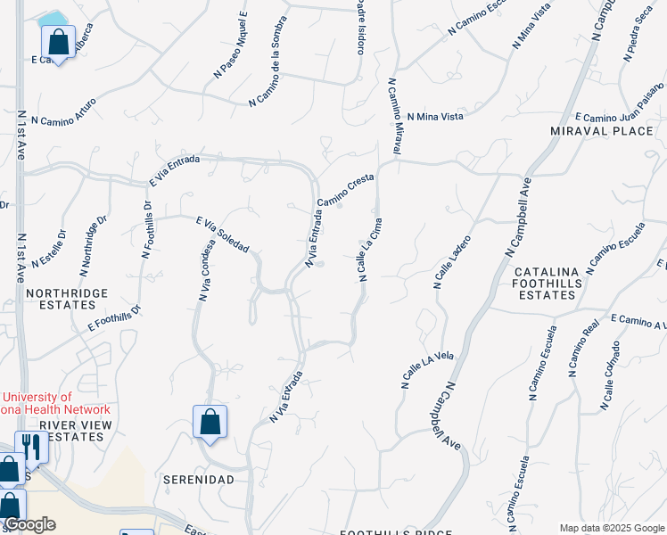 map of restaurants, bars, coffee shops, grocery stores, and more near 5231 North Calle La Cima in Tucson