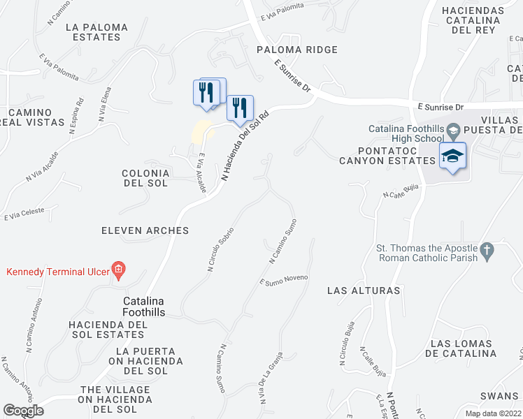 map of restaurants, bars, coffee shops, grocery stores, and more near 5320 North Circulo Sobrio in Tucson