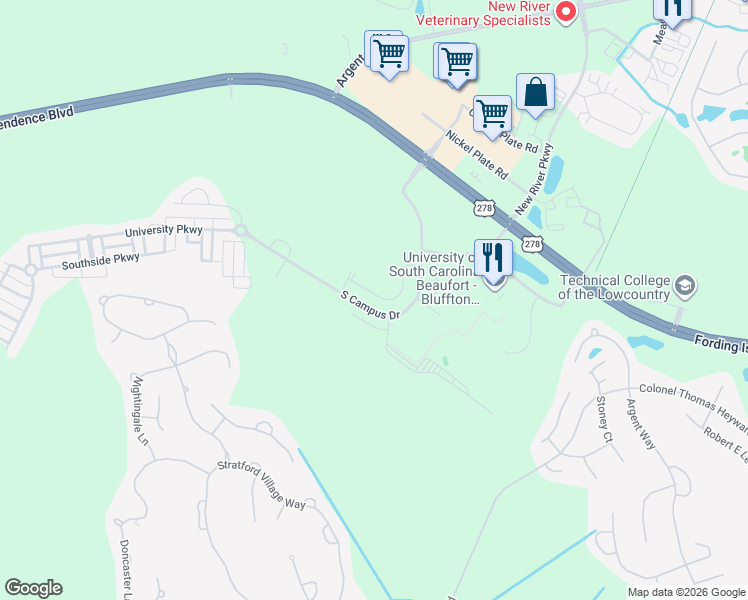 map of restaurants, bars, coffee shops, grocery stores, and more near 147 Auditorium Road in Bluffton