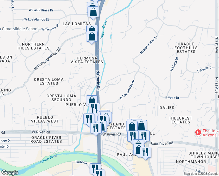 map of restaurants, bars, coffee shops, grocery stores, and more near 175 West Yvon Drive in Tucson