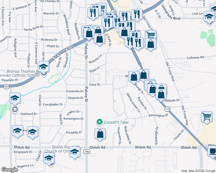 map of restaurants, bars, coffee shops, grocery stores, and more near 4417 Aberdeen Drive in Tyler