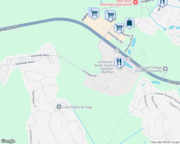 map of restaurants, bars, coffee shops, grocery stores, and more near 147 Auditorium Road in Bluffton