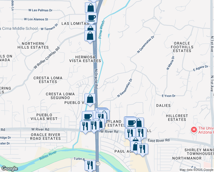 map of restaurants, bars, coffee shops, grocery stores, and more near 175 West Yvon Drive in Tucson