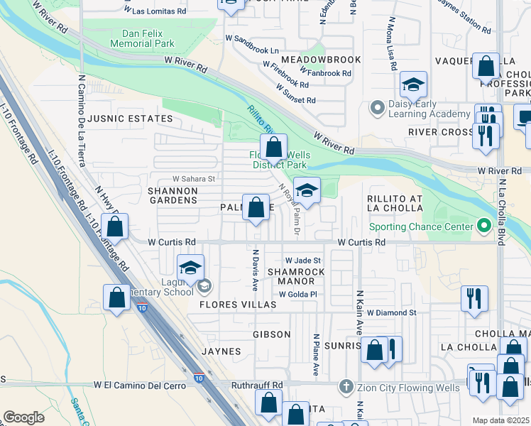map of restaurants, bars, coffee shops, grocery stores, and more near 2821 West Palm Vista Street in Tucson