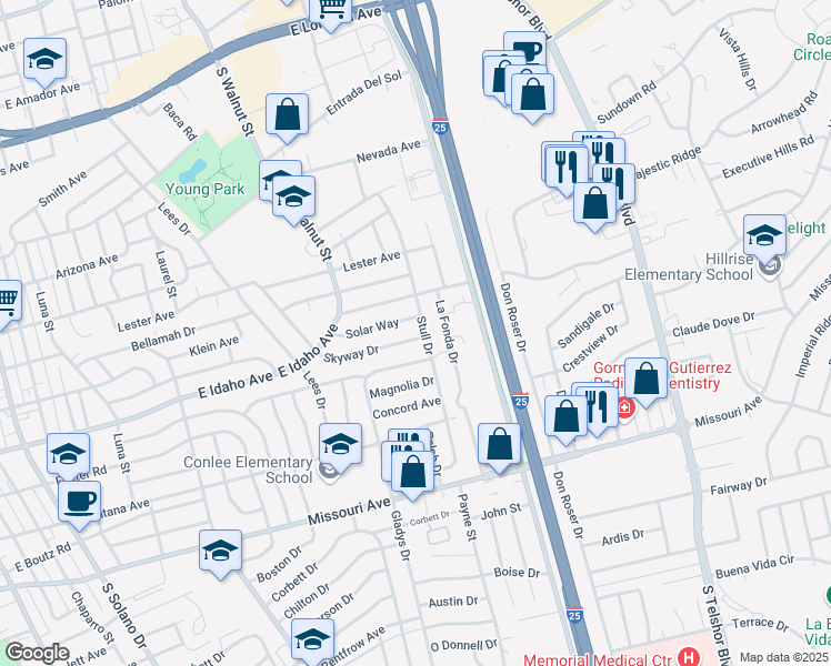 map of restaurants, bars, coffee shops, grocery stores, and more near 2312 Skyway Drive in Las Cruces