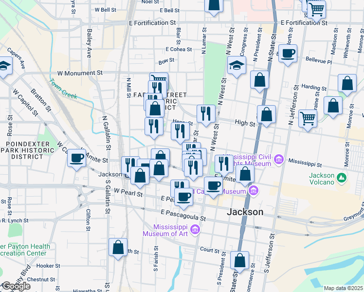 map of restaurants, bars, coffee shops, grocery stores, and more near 170 East Griffith Street in Jackson