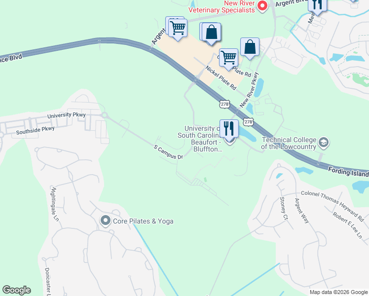 map of restaurants, bars, coffee shops, grocery stores, and more near 3 South Campus Drive in Okatie