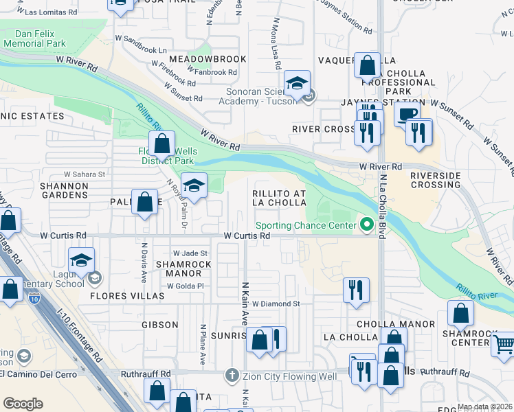 map of restaurants, bars, coffee shops, grocery stores, and more near 2472 West Chris Oliver Way in Tucson