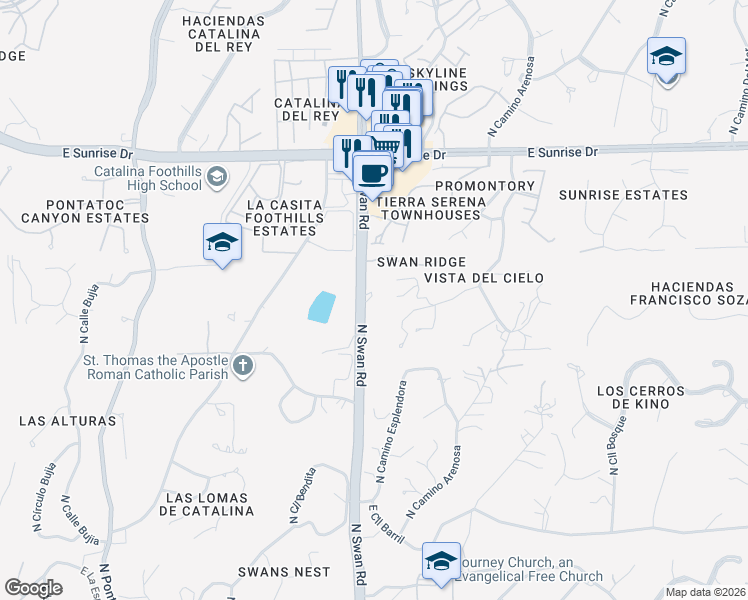 map of restaurants, bars, coffee shops, grocery stores, and more near 5300 North Swan Road in Tucson