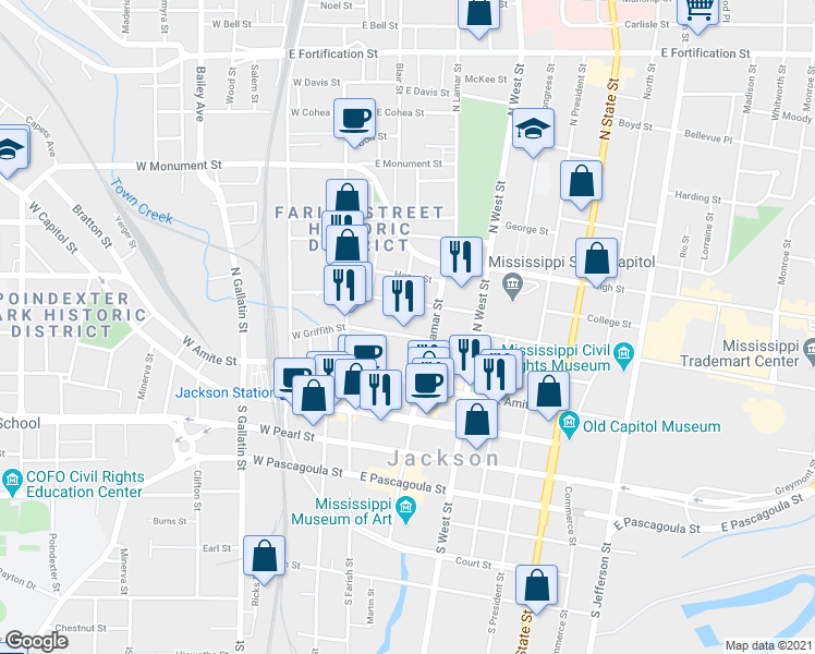map of restaurants, bars, coffee shops, grocery stores, and more near 239 North Lamar Street in Jackson