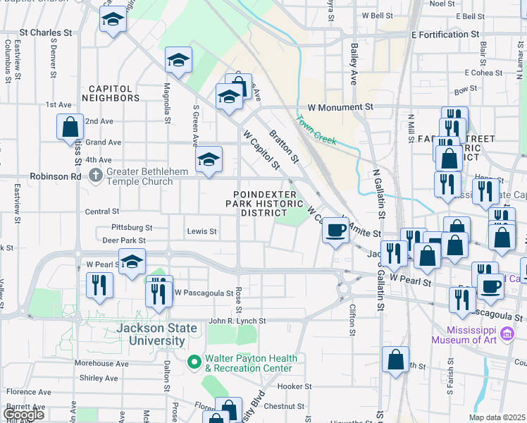 map of restaurants, bars, coffee shops, grocery stores, and more near 313 Poindexter Street in Jackson