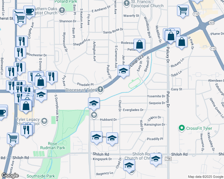 map of restaurants, bars, coffee shops, grocery stores, and more near 1057-1199 E Southeast Loop 323 in Tyler