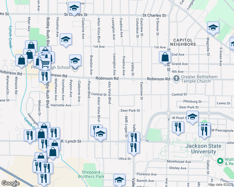 map of restaurants, bars, coffee shops, grocery stores, and more near 761 Wingfield Street in Jackson