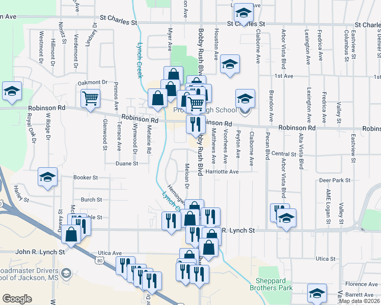 map of restaurants, bars, coffee shops, grocery stores, and more near 1071 Ellis Avenue in Jackson