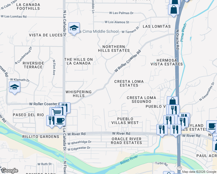 map of restaurants, bars, coffee shops, grocery stores, and more near 1041 West Roller Coaster Road in Tucson