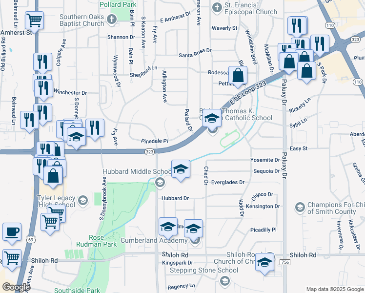 map of restaurants, bars, coffee shops, grocery stores, and more near 1057 East Southeast Loop 323 in Tyler
