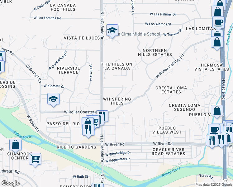 map of restaurants, bars, coffee shops, grocery stores, and more near 1261 West Whispering Hills Drive in Tucson