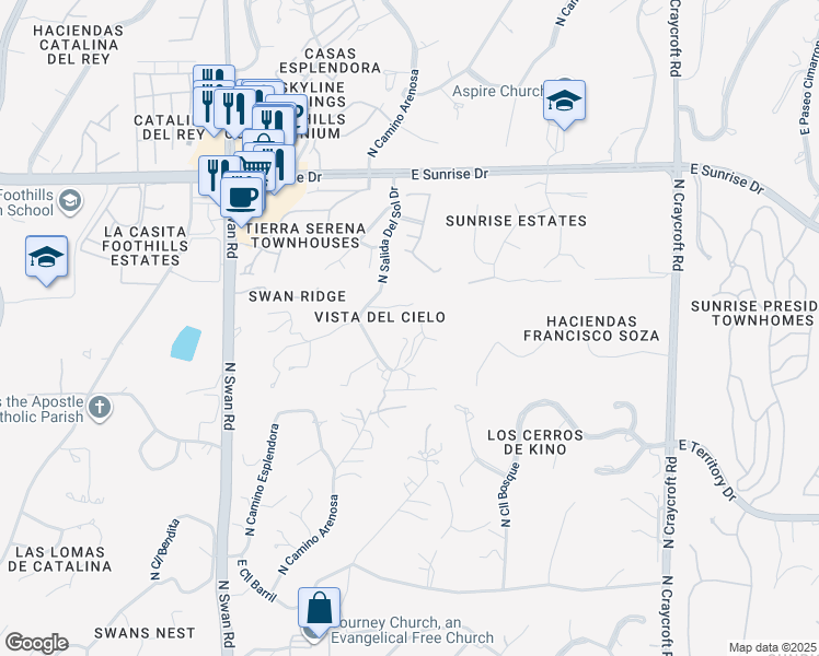 map of restaurants, bars, coffee shops, grocery stores, and more near 5220 North Salida Del Sol Drive in Tucson