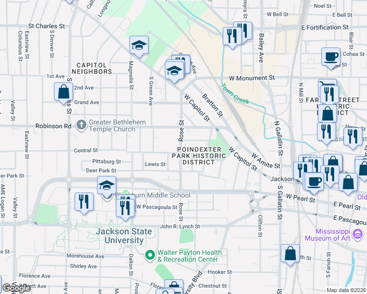 map of restaurants, bars, coffee shops, grocery stores, and more near 956 Hunt Street in Jackson