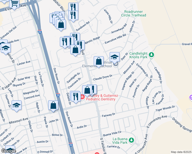 map of restaurants, bars, coffee shops, grocery stores, and more near 2908 Hillrise Drive in Las Cruces