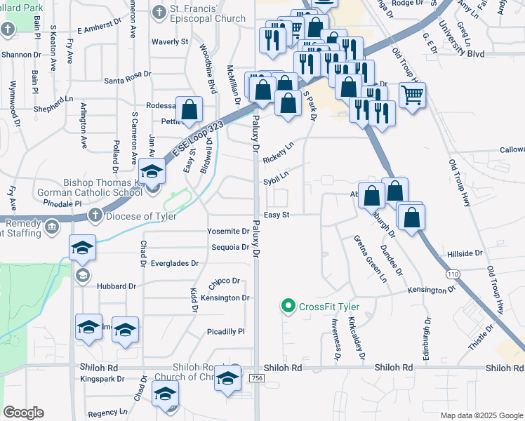 map of restaurants, bars, coffee shops, grocery stores, and more near 4317 Park Place in Tyler