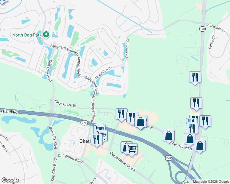 map of restaurants, bars, coffee shops, grocery stores, and more near 700 Mystic Point Drive in Bluffton