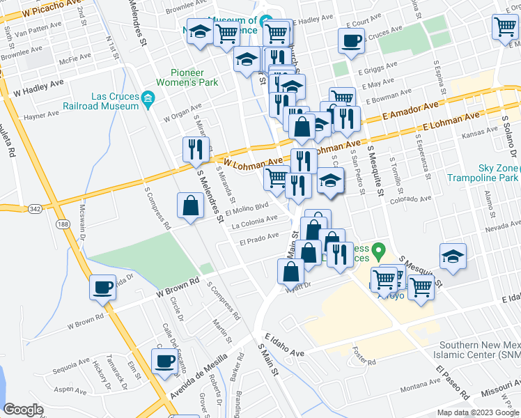 map of restaurants, bars, coffee shops, grocery stores, and more near 387 El Molino Boulevard in Las Cruces