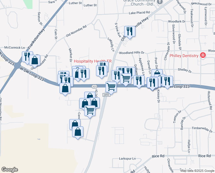 map of restaurants, bars, coffee shops, grocery stores, and more near 4301 Old Jacksonville Highway in Tyler