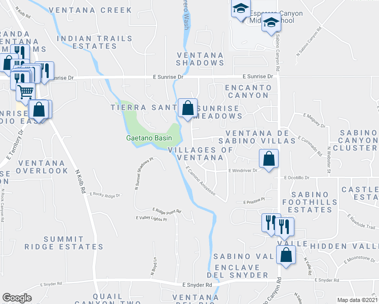 map of restaurants, bars, coffee shops, grocery stores, and more near 5305 North Ventana Vista Road in Tucson