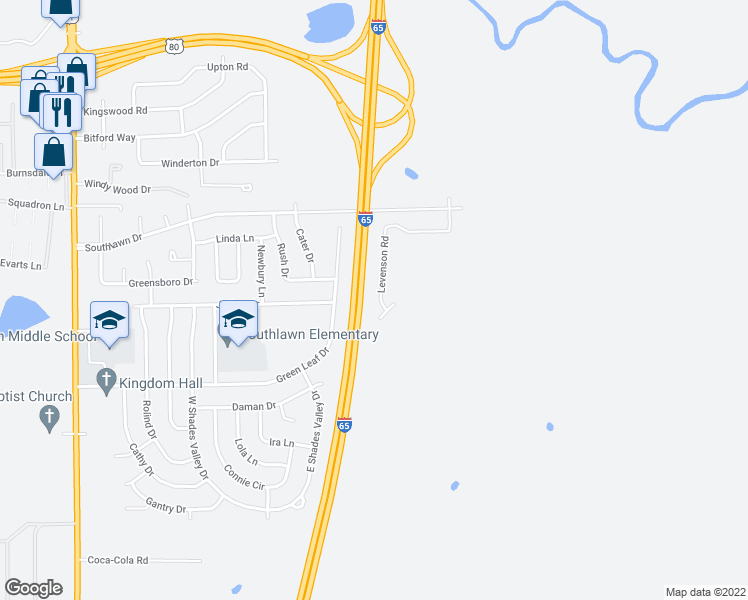 map of restaurants, bars, coffee shops, grocery stores, and more near 5252 Levenson Road in Montgomery