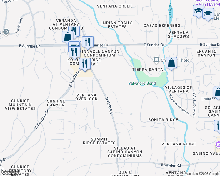 map of restaurants, bars, coffee shops, grocery stores, and more near 5310 North Kolb Road in Tucson