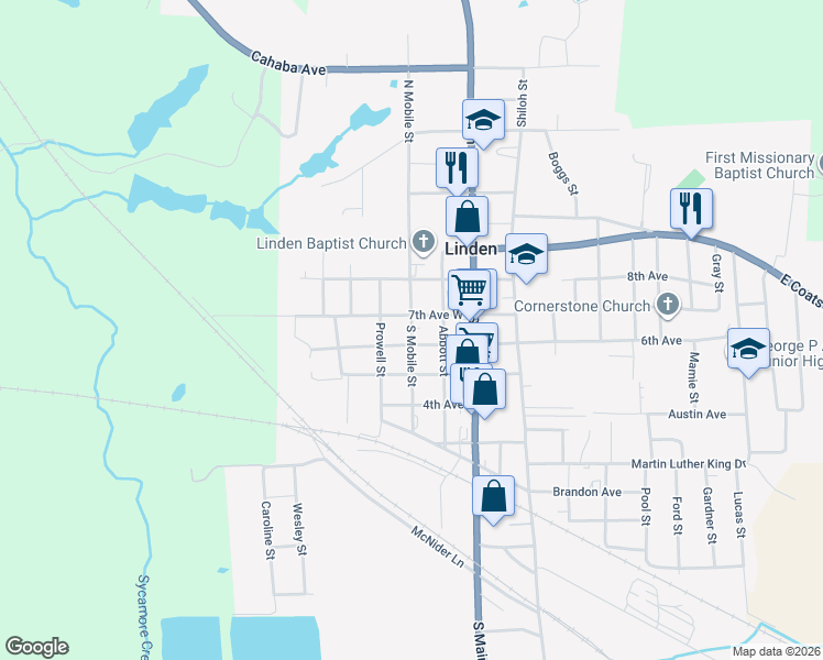 map of restaurants, bars, coffee shops, grocery stores, and more near 302 South Mobile Street in Linden