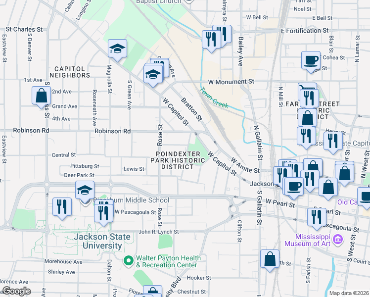 map of restaurants, bars, coffee shops, grocery stores, and more near 916 Hunt Street in Jackson