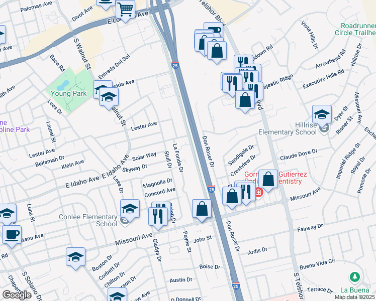 map of restaurants, bars, coffee shops, grocery stores, and more near 1258 South Triviz Drive in Las Cruces