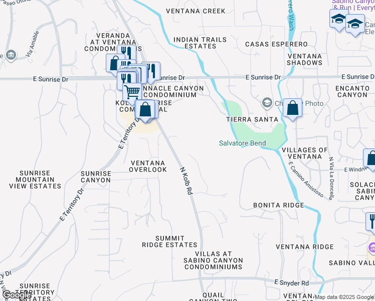 map of restaurants, bars, coffee shops, grocery stores, and more near 5310 North Kolb Road in Tucson