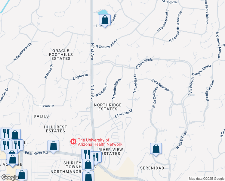 map of restaurants, bars, coffee shops, grocery stores, and more near 5345 North Northridge Drive in Tucson